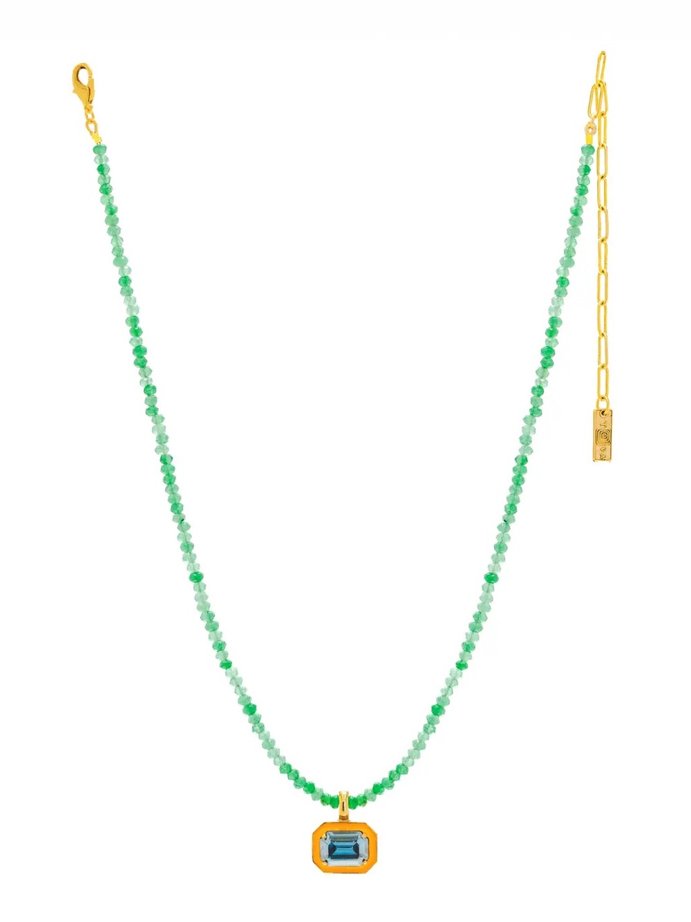 Gold-Accented Green Beaded Necklace with Blue Stone Pendant